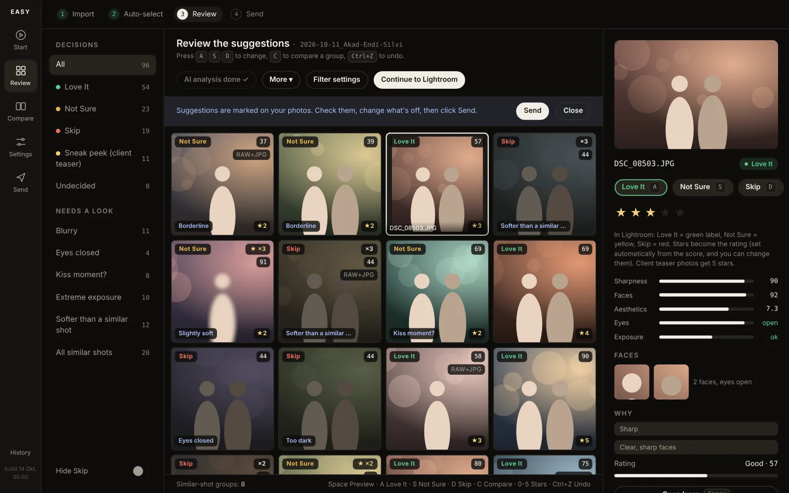 EASY review screen: photos marked Love It, Not Sure and Skip with reasons